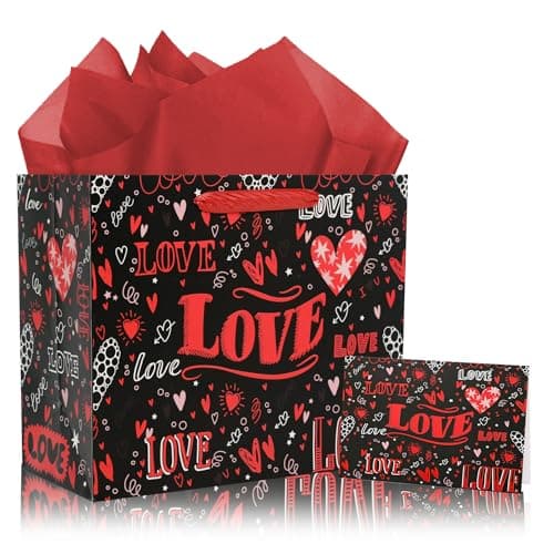 Love Black Gift Bag Card - 10"H x 12"L Love-Themed Gift Bag with Ribbon Handle 3 Red Tissue Papers Folding Card Black Envelope Romantic Gift Wrapping for Anniversary Date Night Wedding for Wife Best Friends Family Mother Birthday - Image 1