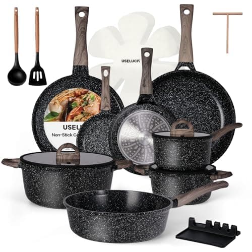 Pots and Pans Set Non Stick Non-Toxic 22 Pcs Ceramic Cookware Sets Nonstick Kitchen Pot&Pan With Lid Black Granite Induction Compatible with Glass Lids Crepe Frying Pan PFOA/PFOS-Free - Image 1