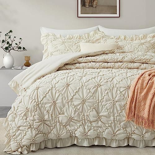 BEDAZZLED King Size Comforter Sets, Beige Bedding Comforter Set, 3 Pieces Pinch Pleat Bedding Sets with Comforter and Pillowcases Soft Farmhouse Shabby Chic Comforter for All Season - Image 1