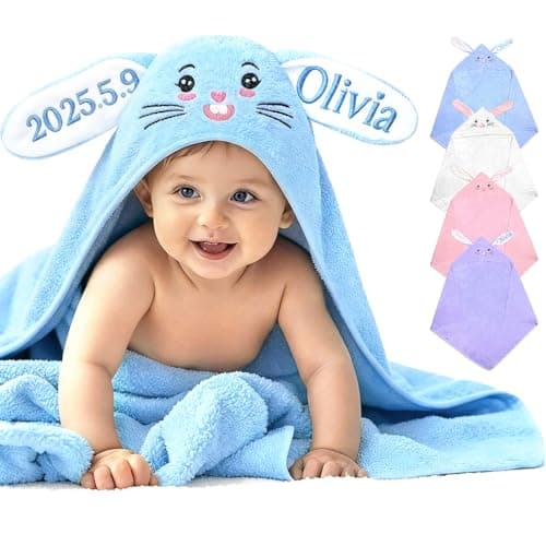 Individz Custom Hooded Bath Towel with Name, Personalized Absorbent Bunny Baby Towels, Soft Shower Towels for Girls Boys, Easter Christmas Brithday Gifts for Baby, Toddler, Newborn, Kids (Blue) - Image 1