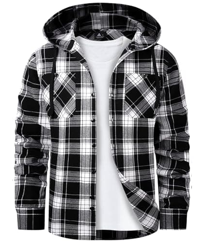 Mens Hooded Flannel Shirts Stylish Long Sleeve Hoodie Shirt Casual Plaid Button Down Shirt with Pocket Black White - Image 1