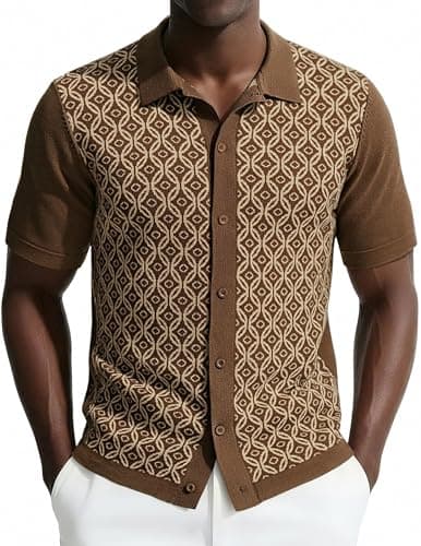 Polo Shirts for Men Short Sleeve Knitted Vintage Casual Button Down Shirts Coffee Khaki M - Image 1