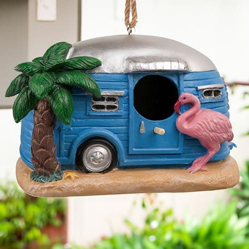 Coastal Flamingo Camper Birdhouse, Hand Painted Resin Bird House for Outdoors, Waterproof Hanging Garden Decor for Patio, Backyard & Tree