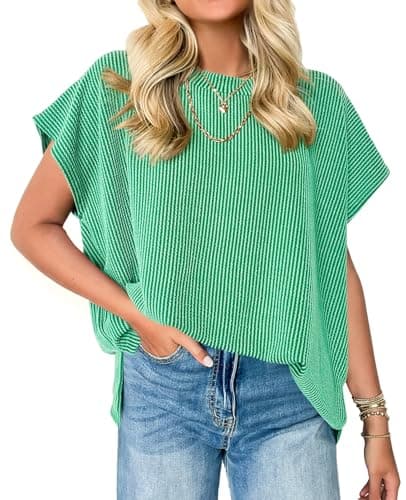 Womens Oversized Tshirts Summer Casual Cap Sleeve Ribbed Tops Loose Fit Flowy Dolman T Shirt Plus Size Teacher Outfits Tees Green L - Image 1