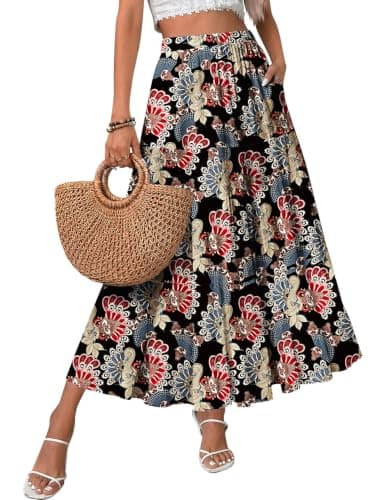 Zeagoo Women's Printed Skirts Casual Long Maxi Skirts with Pockets Summer Boho Beach Flowy Midi Skirts Colorful S - Image 1