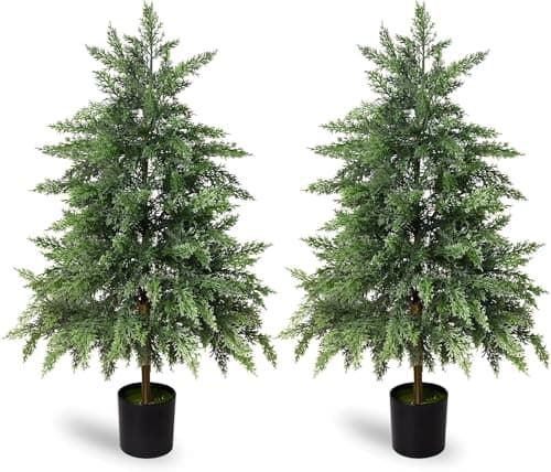 Real Touch Artificial Cedar Topiary Trees 3FT, 2 Sets of Realistic Potted UV Resistant Fake Plants for Front Porch for Outdoor & Indoor Front Porch, Garden, Patio, and Farmhouse Decor - Image 1
