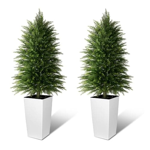 4FT Tall 2 Pack Artificial Cedar Topiary Trees with Full Bushy Columnar Shape, Realistic Faux Cypress in Square White Pot with Fillable Water Bag, Outdoor Evergreen for Front Porch Garden Home Decor