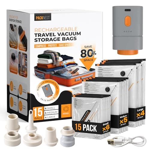 15 Pack Vacuum Storage Bags with Rechargeable & Portable Electric Pump (6 Small, 5 Medium, 4 Large) - Vacuum Seal Bags for Clothing Travel - Vacuum Bags for Travel, Blankets, Clothes & Luggage - Image 1