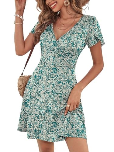 ANRABESS Womens Summer Dresses Short Sleeve Wrap V Neck A-Line Floral Mini Dress Causal Flowy Boho Beach Vacation Sundress Floral Lake Green XL - Image 1