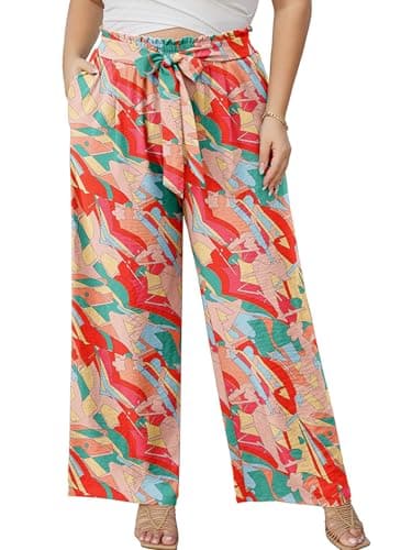 AusLook Plus Size Wide Leg Pants for Women High Waist Elastic Drawstring Palazzo Casual Lounge Beach Travel Vacation Resort Lifeful Color Block 5X Pants with Pockets Flowy Summer Comfy Outfit - Image 1