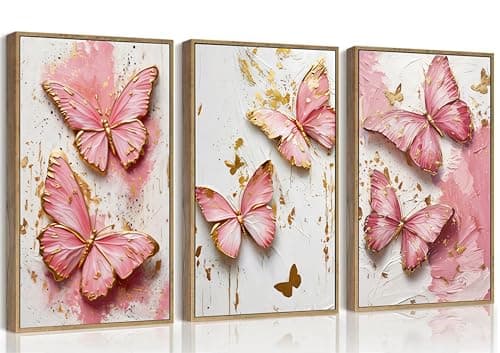 3Pcs Pink Gold Butterfly Canvas Wall Art Luxurious Elegant Abstract Butterfly Painting Picture Wall Decor Poster Printed Artwork for Women's Room Apartment Dormitory Bedroom Home Decoration Unframed