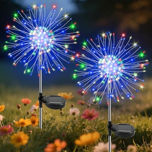 Garden Outdoor Lights, 2 Pack 120 LED Solar Garden Lights Fairy Lights Outdoor Waterproof Decorative Solar Firework Lights for Yard Patio Pathway Flowerbed Party Wedding Decor, Multicolor - Image 1