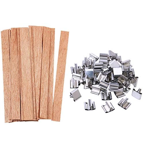 100 pcs Wooden Candle Wicks kit, Include 50 Pcs 5.1 X 0.5 Inch Candle Making Wicks and 50 Pcs Iron Stand Naturally Smokeless Wooden Candle Wicks Candle Cores for DIY Candle Making