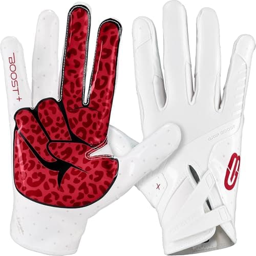 Grip Boost Football Gloves - Peace Stealth 6.0 Boost Plus Sticky Technology - Adult and Youth Football Gloves for Wide Receiver - Men's and Boys Sizes (White/Crimson, Youth Medium)
