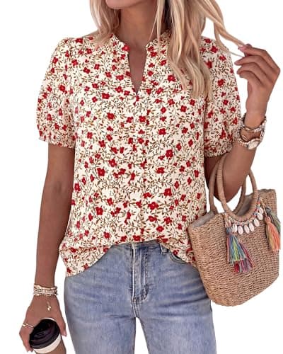 BTFBM Womens Tops 2026 Summer Casual Loose Puff Sleeve V Neck Floral Satin Work Blouse Dressy T Shirts Silk Tunics(Floral Apricot Red,Small) - Image 1