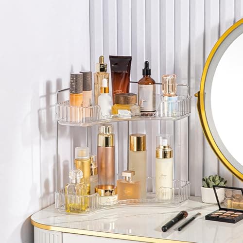 JTIYQ Corner Bathroom Counter Organizer, Vanity Trays for Bathroom, Skincare Makeup Organizer Shelf, Shelf Cosmetics, Toiletries, Lotions, Perfumes (2 Tiers, Clear) - Image 1