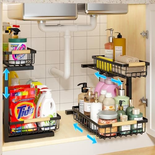 REALINN Under Sink Organizer, 2 Pack Height Adjustable Under Sink Organizers and Storage, 2 Tier Pull Out Drawer Cabinet Storage for Kitchen Bathroom - Image 1