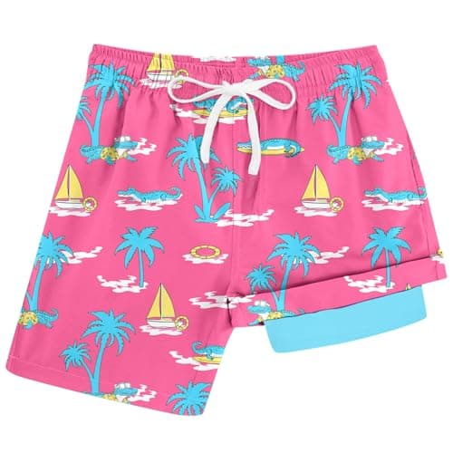 Cozople Boys Swim Trunks Coconut Tree Crocodile Swim Short with Boxer Brief Liner Swimsuit Pink Compression Swimwear UPF Stretchy Bathing Suit for Outdoor Size 10-12 - Image 1