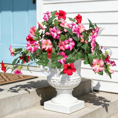 Flortevera Artificial Fake Flowers Plants for Outdoor UV Resistant, 2PCS Silk Faux Petunias No Fade Summer for Outside Planter Front Door Porch Yard Patio Balcony Realistic Decoration Red Pink - Image 1