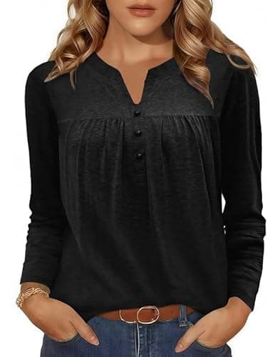 Misakia Long Sleeve Shirts for Women Henley V Neck Tops Fashion Pleated Dressy Blouses Fall Trendy Tunic 2025 Black S - Image 1