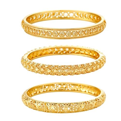 ULira Flor 18K Gold Plated Bangle Bracelets Set for Women, 3 Pcs Hollow Out Carving Dubai Temple Indian African Kashmiri Designs Bangles, Waterproof Non Tarnish Fashion Jewelry Gift for Mom Her Birthday Valentine Mother's Day Christmas