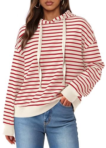 KIRUNDO Sweatshirt For Women Casual Loose Striped Long Sleeve Drawstring Hoodie Pullover Hooded Tops Fashion Clothing(Stripe Red Beige, X-Large) - Image 1