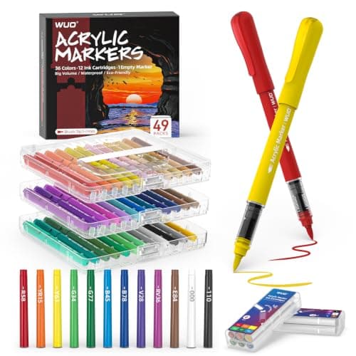 WUO 36 Colors Acrylic Paint Markers, Water-Based No-Bleed Brush Tip Pens - Image 1