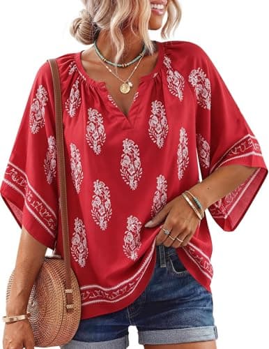 NILOINE Womens V Neck Floral Print Boho Tunic Tops Spring 3/4 Length Sleeve Blouses Tops Puff-Sleeve Flowy Pleated T-Shirt Trendy Clothes(1-Multi Wine,XX-Large) - Image 1