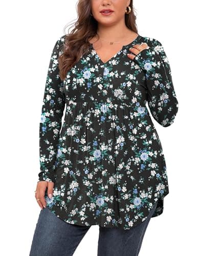 SHIJIALI Women's Plus Size Tops V Neck Henley Shirts Casual Long Sleeve Swing Flowy Blouse for Leggings FP-Black Periwinkle-XX-Large - Image 1