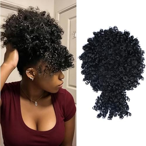 Servintha Afro Puff Drawstring Ponytail Extension for Black Women Kinky Curly Drawstring Ponytail with Bangs Natural Black Short Pony Tail Hair Extension Synthetic Fake Hair Pieces 1B Color - Image 1
