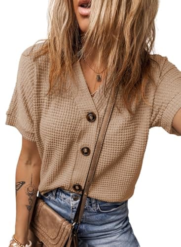 Dokotoo Womens Tops 2026 Casual V Neck Short Sleeve Beige Waffle Knit Blouse Fashion Button Down Shirts Loose Fit Boyfriends Oversized Summer Cardigan Medium - Image 1