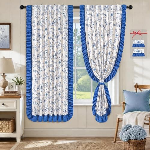 Yinhua Blue Floral Curtains for Living Room 63 Inch French Country Linen Bedroom Curtains with Ruffle Tieback, Light Filtering Flower Patterned Window Curtain Rod Pocket Back Tab Drapes, 2 Panels - Image 1