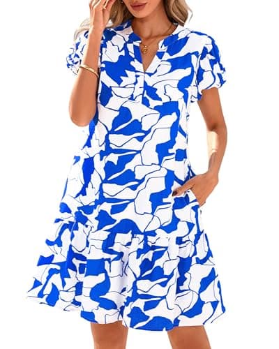 dowerme Womens Summer Dresses 2026 Puffy Sleeve V Neck Loose Floral Print A Line Boho Mini Babydoll Dress with Pockets(Blue,Large) - Image 1