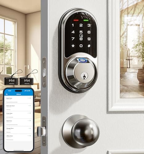 Veise RZ07C Smart Locks for Front Door, 2 Knob Handle Set, Fingerprint Keyless Entry, App Control Biometric Lock, Electronic Digital Touchscreen Keypad Deadbolt, Easy Install, Auto Lock, Satin Nickel - Image 1