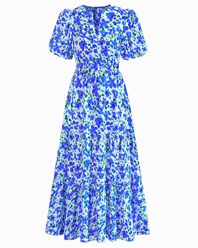 dowerme Womens Summer Dresses 2026 Casual Puff Short Sleeve V Neck Floral Boho Tiered Ruffle Maxi Dress with Pockets(White Blue Flower,Large) - Image 1