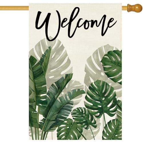 Baccessor Spring House Flag 28 x 40 Inch, Monstera Green Leaf Double Sided Burlap Welcome Large Yard Flag Seasonal Holiday Lawn Proch Outdoor Outside Decor - Image 1
