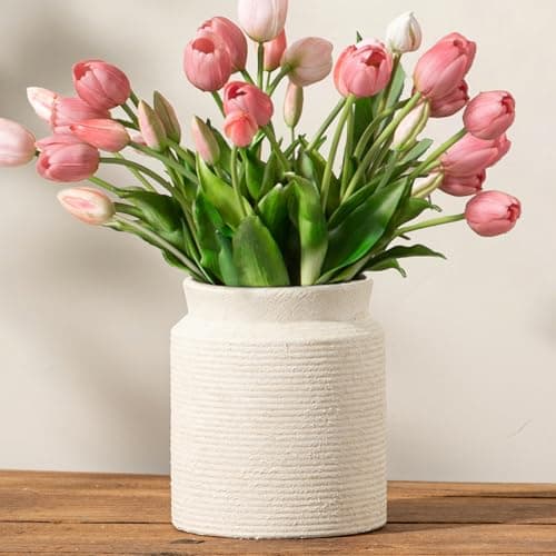 Ceramic Flower Vase 7.5 inch Farmhouse Rustic Vase for Home Decor Handcrafted Pottery Terracotta Vases for Dining Table Decor Fireplace Living Room Bathroom Wedding Centerpiece (M-Off White) - Image 1