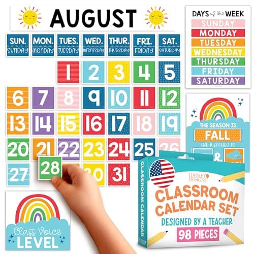 Hadley Designs Classroom Calendar Set Bulletin Board Decorations - Colorful School Calendar for Classroom Decor, Kindergarten Preschool Elementary Teacher Must Haves, Homeschool & Daycare Essentials - Image 1