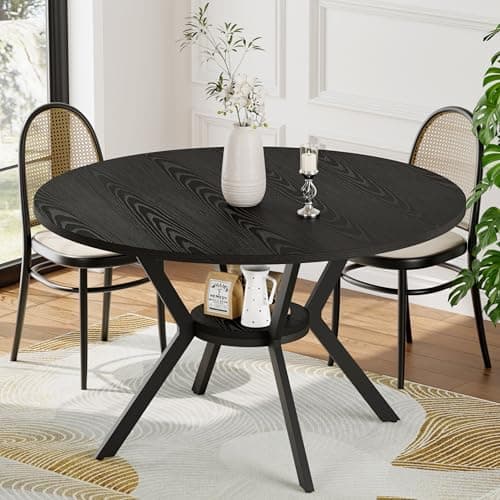 Black Dining Table for 2-4, 42 Inch Round Kitchen Table with Storage, Wooden Circle Dinner Table with Metal Legs, Rustic Mid Century Modern Dining Room Tables for Kitchen, Living Room, Dining Room - Image 1