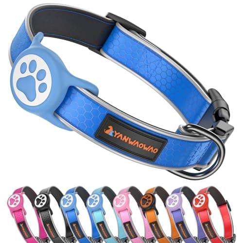 Yanwaowao Heavy Duty Dog Collar with Silicone AirTag Holder, Waterproof & Reflective Padded Pet Collar for Night Walking, Hotpink Plaid Oxford Cloth, Adjustable Buckle (Blue M) - Image 1