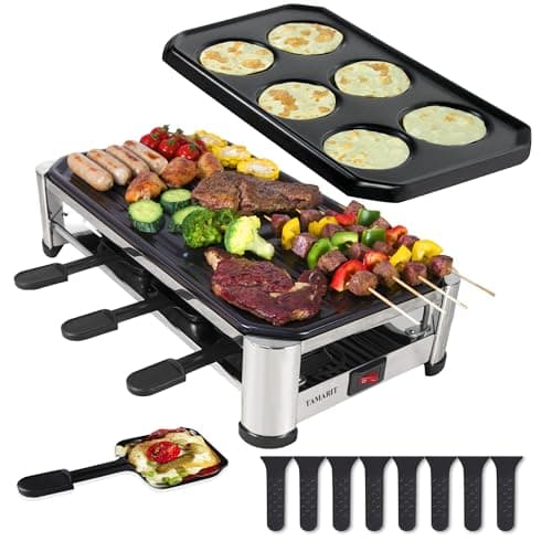 TAMARIT 8-Person Raclette Grill, Electric Party Griddle with Nonstick Grill and Crepe Plates, 8 Pans and Spatulas, 1500W (Indoor), Stainless Steel - Image 1