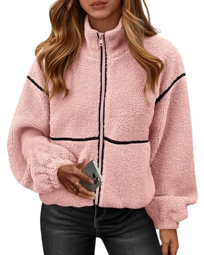 KIRUNDO Sherpa Jacket Women Fleece Oversized Zip Up Winter Coats Fall Jackets Faux Fur Warm Outwear 2026 Fashion Clothing(Pink, Small) - Image 1