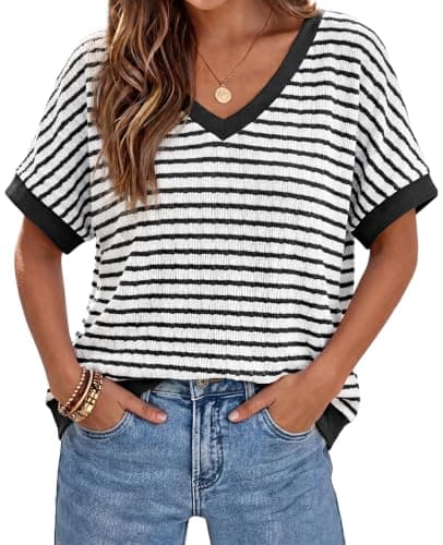 Womens Oversized V Neck Striped Sweaters Short Sleeve Casual T Shirts Tops - Image 1