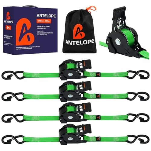 Retractable Ratchet Strap (4 Pack), 1" x 12' Heavy Duty Retractable Tie Down Straps,1,500lbs Break Strength Automatic Ratchet Straps for Securing Cargo, Weather Resistant Security S-Hooks (Green) - Image 1