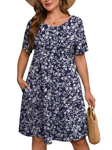 AusLook Plus Size Floral Midi Dress for Women Casual Summer Short Sleeve A Line Swing 5X Dress with Pockets Round Neck Flowy Knee Length T Shirt Vacation Beach Sundress - Image 1
