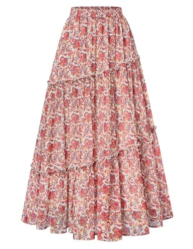 Scarlet Darkness Boho Maxi Skirt for Women Tiered Flowy Long Skirts with Pockets 2026 Summer Spring Vacation Outfits Beige Orange-Red Floral L - Image 1