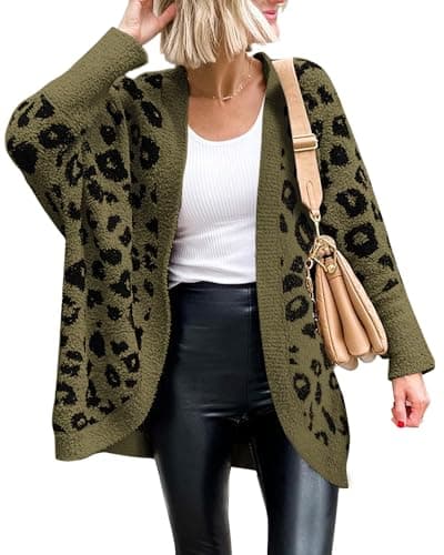 BTFBM Leopard Cardigan for Women Long Sleeve Open Front Cardigans Sweaters Pockets Loose Knit 2026 Fall Winter Outwear(Army Green, Large) - Image 1