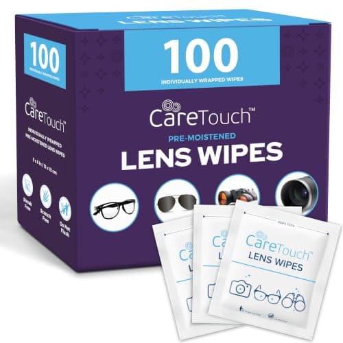Care Touch Lens Wipes for Eyeglasses- 100 Count Individually Wrapped Pre- Moistened Wipes, 5 x 6 Inch- Camera Lens, Sunglasses and Glasses Cleaner,- Gentle and Portable for Cleaning of Optical Devices