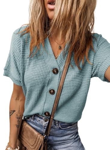 Dokotoo Women Waffle Knit Tops Plus Size Summer Outfits Lightweight Short Sleeve Shirts V Neck Button Up Blouse Blue Casual Fashion Fall Shacket Jacket Medium - Image 1