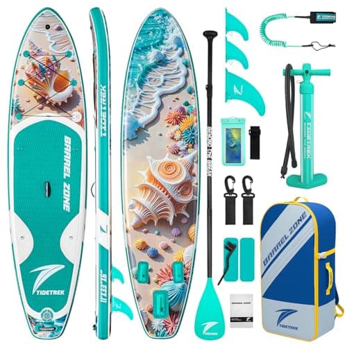 TIDETREK 11'/11'6" x 33"/34" x 6" Inflatable SUP Paddle Board – Extra-Wide, Stable Stand Up Paddle Board with Premium Full Accessory Set for Adults & Youth (Shell Whisper, 11'x33 x6)